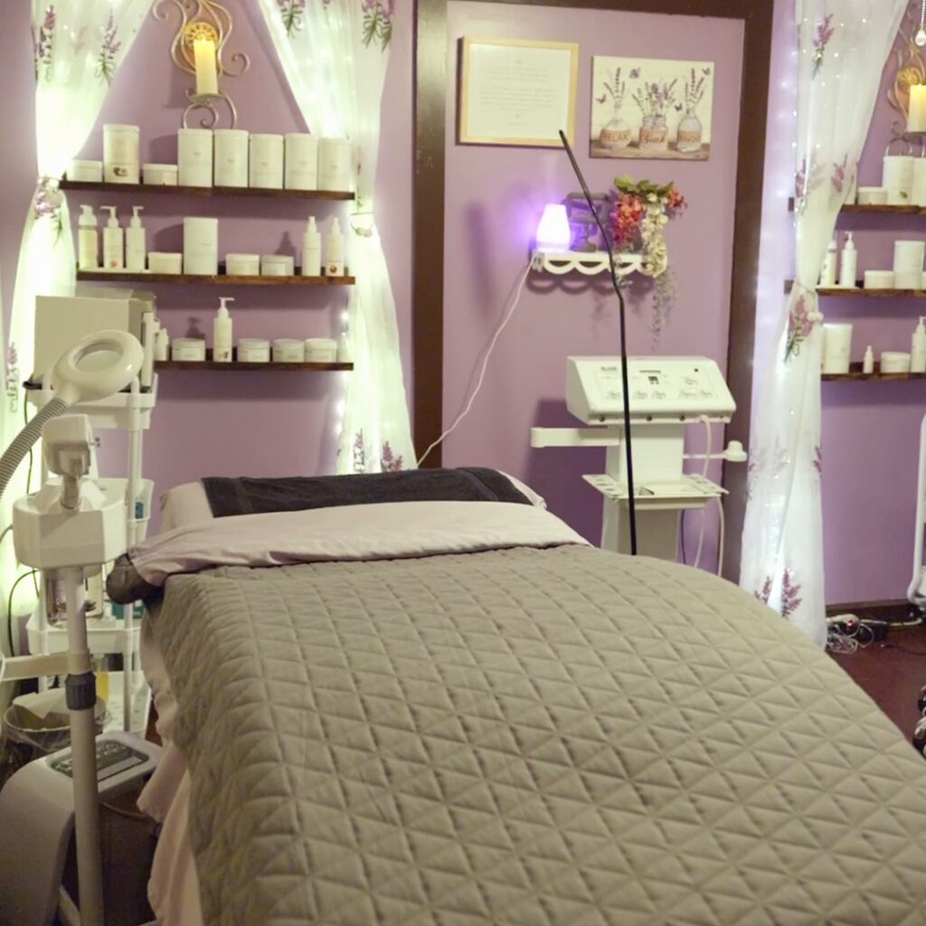 Treatment room with treatment table at Blue Mountain Mist Spa